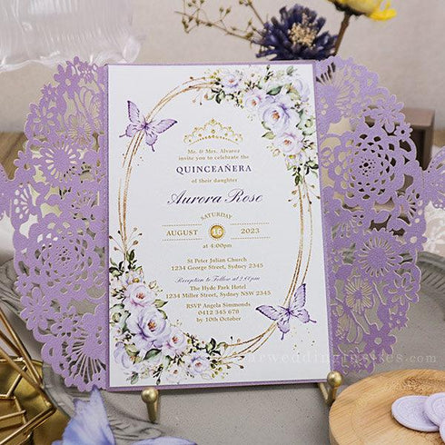 lilac purple with butterflies laser cut sweet 16 quinceanera invitations  CWIL100