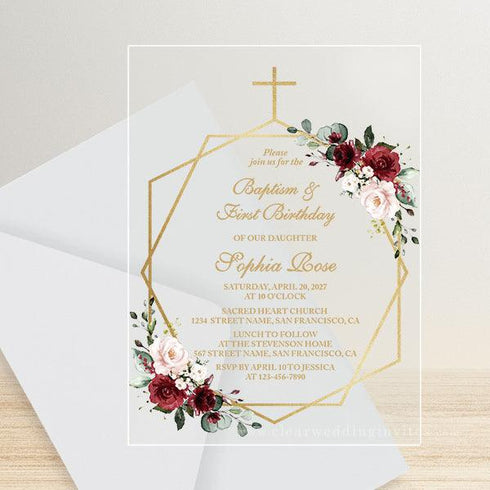marsala rose gold frame baby girl acrylic baptism invitation CWIBP21