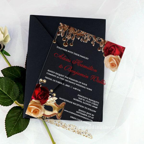 masquerade ball roses and chandelier acrylic wedding invitations CWIA257