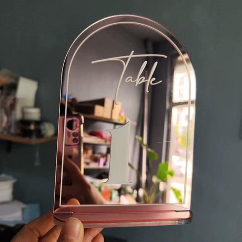 fancy script mirror acrylic table number sign CWIATB03