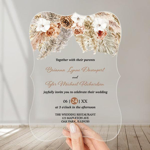 modern bohemian natural pampas grass bracket acrylic wedding invitations CWIA208