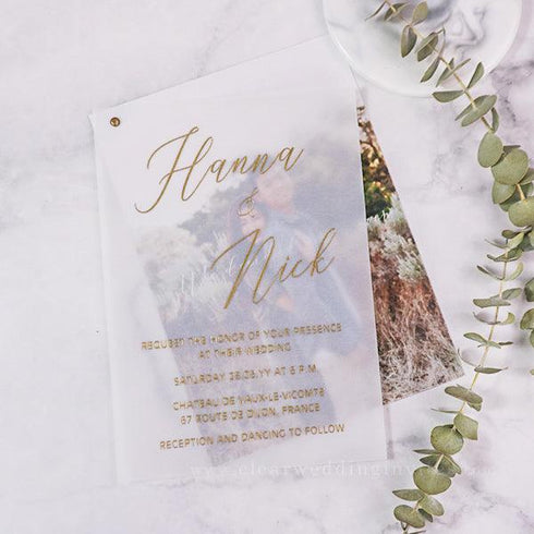 fancy script custom photo layer foil vellum wedding invitation