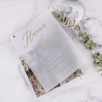 fancy script custom photo layer foil vellum wedding invitation