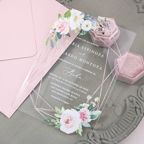 modern rose gold geometric with pink rose floral acrylic wedding invitations CWIA36