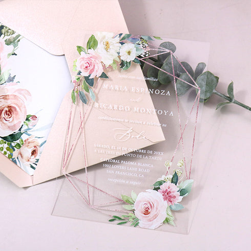 modern rose gold geometric with pink rose floral acrylic wedding invitations CWIA36