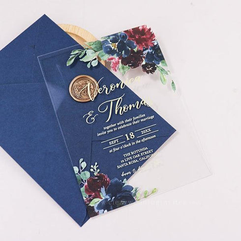moody garden burgundy navy acrylic wedding invitation CWIA99