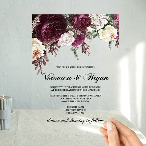moody plum floral acrylic wedding invitations CWIA116