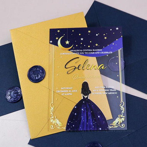 Celestial Midnight Blue Gold Moon Stars Quinceanera Acrylic Invitation CWIA151