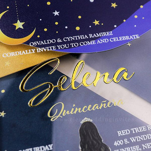 Celestial Midnight Blue Gold Moon Stars Quinceanera Acrylic Invitation CWIA151