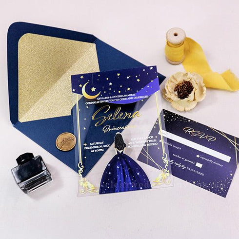 Celestial Midnight Blue Gold Moon Stars Quinceanera Acrylic Invitation CWIA151