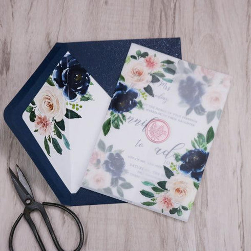 elegant navy blue and blush pink floral vellum jacket wedding invitations CWIV14