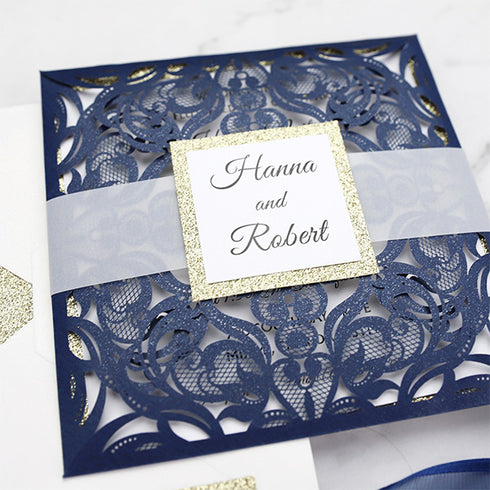 Dark Navy and Gold Calligraphy Pocket Wedding Invitations