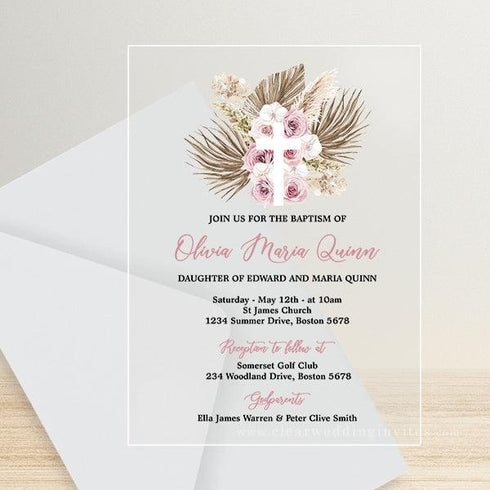pampas grass orchid bohemian baptism christening acrylic invitation CWIBP19