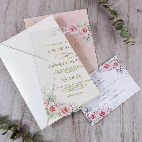 Boho Floral Blush Pink and Sage Green Clear Wedding Invitation CWIA233