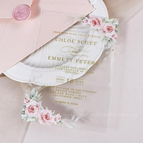 Boho Floral Blush Pink and Sage Green Clear Wedding Invitation CWIA233