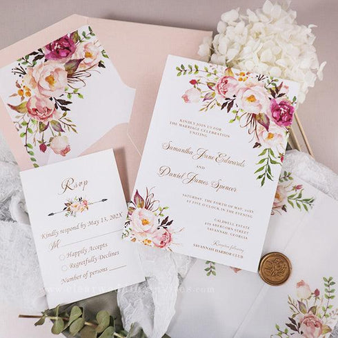 bohemian pink fuchsia flowers vellum wedding invitations CWIV39