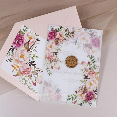 bohemian pink fuchsia flowers vellum wedding invitations CWIV39