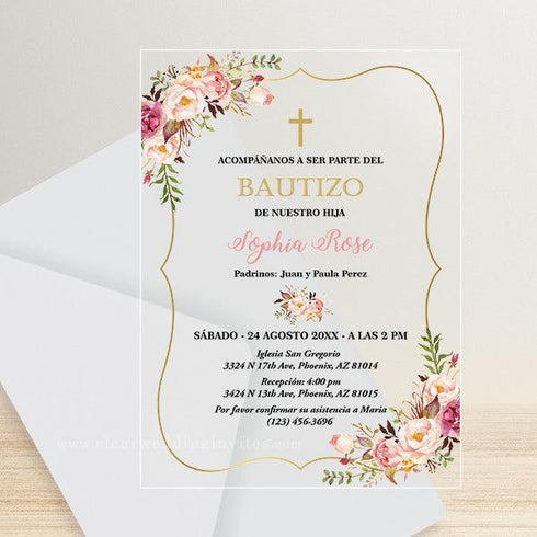 rosa floral oro español niña 1er cumpleaños acrílico bautizo invitación