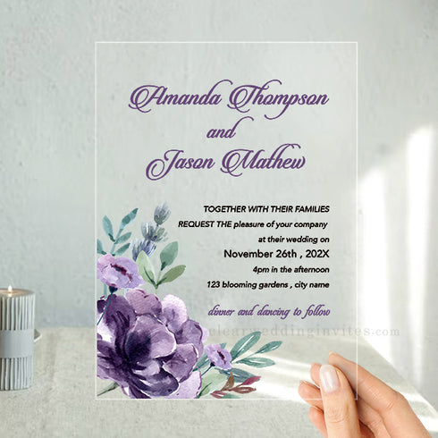 plum lavender floral acrylic elegant wedding Invitations CWIA127