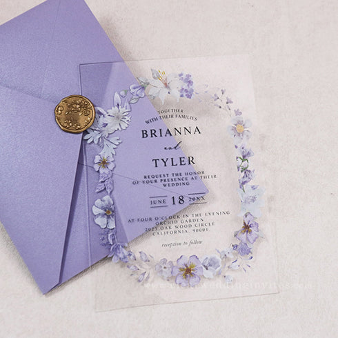 purple and blue wildflower clear plexiglass invitations CWIA113