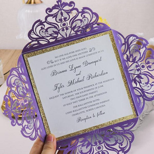 Glamorous Purple and Gold Wedding Invitations with Gold Glitter CWIL37