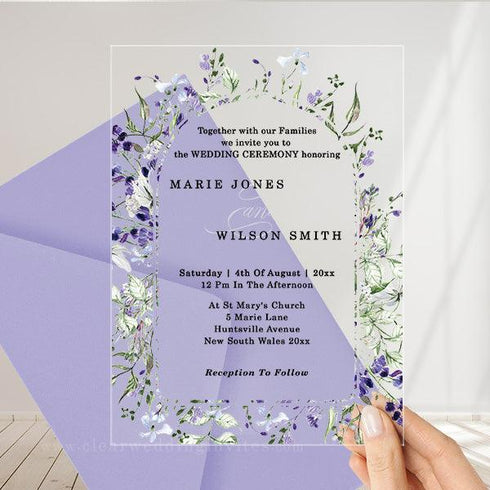 purple wildflowers garden arch acrylic wedding Invitation CWIA267