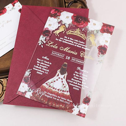 quinceanera red charro dress princess crown horses acrylic invitation CWIA249quinceanera red charro dress princess crown horses acrylic invitation CWIA249