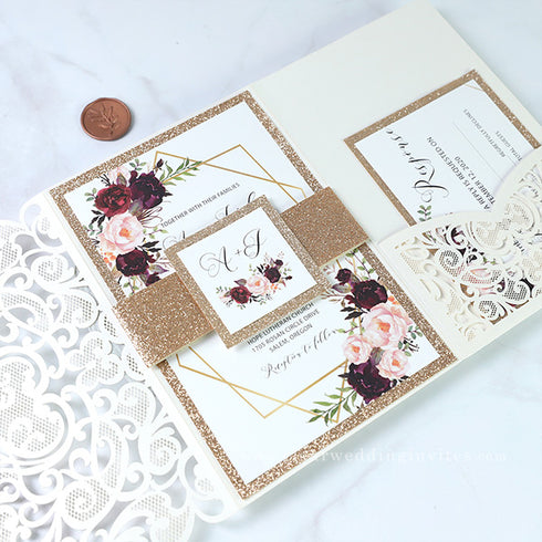 Burgundy pink and rose gold ivory Pocket Wedding Invitations CWIL104
