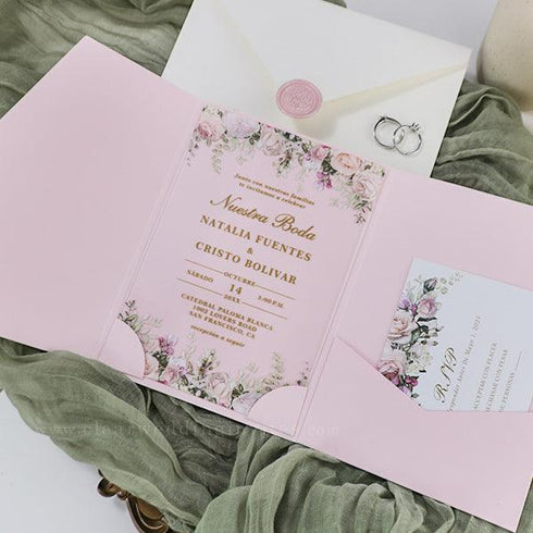 romantic elegant blush pink floral acrylic pocket wedding invitations CWIA269