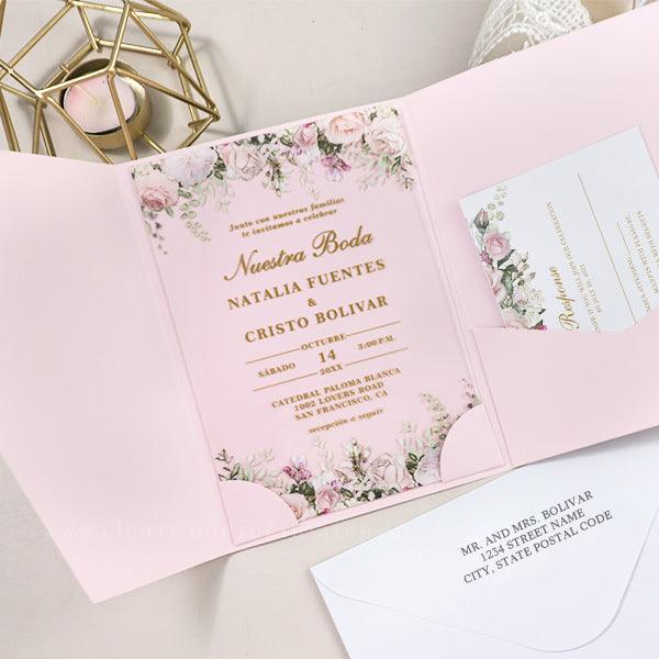 romantic elegant blush pink floral acrylic pocket wedding invitations CWIA269