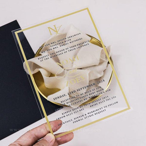 romantic gold calligraphy monogram acrylic wedding invites CWIA105