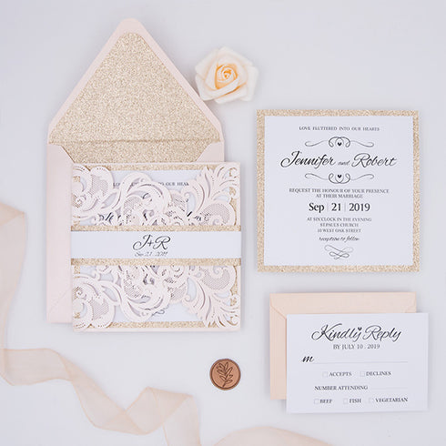 rose gold glitter and blush pink laser cut wedding invitations