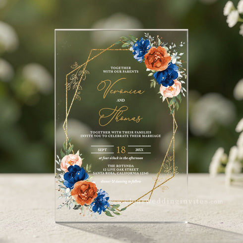 Royal Blue and Burnt Orange Acrylic Wedding Invitations