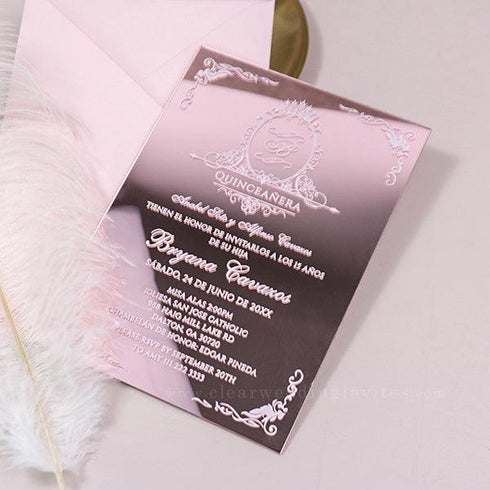 royal monogram sweet 16 quinceanera rose gold pink mirror acrylic invitations CWIA240