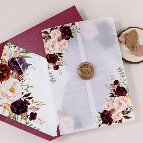 rustic burgundy pink floral acrylic clear wedding invites CWIA23