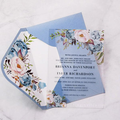 rustic dusty blue and blush pink floral acrylic wedding invites CWIA260