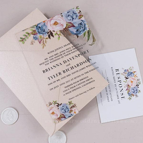 rustic dusty blue and blush pink floral acrylic wedding invites CWIA260