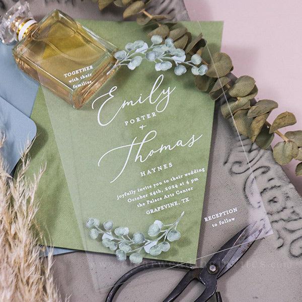 sage eucalyptus clear transparent acrylic wedding invitations CWIA85