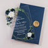 rustic navy blue and ivory floral acrylic clear wedding invites with gold glittery envelope