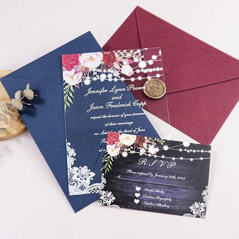 rustic wedding blue string lights lace floral acrylic wedding invites CWIA103