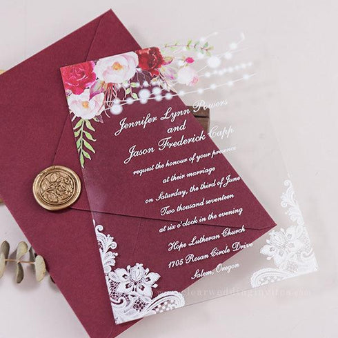 rustic wedding blue string lights lace floral acrylic wedding invites CWIA103