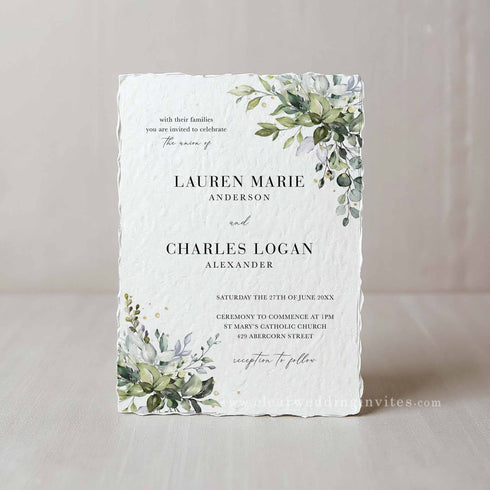 Affordable sage greenery wedding invitations with deckled edge