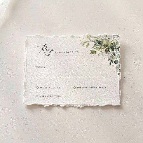 Affordable sage greenery wedding invitations with deckled edge