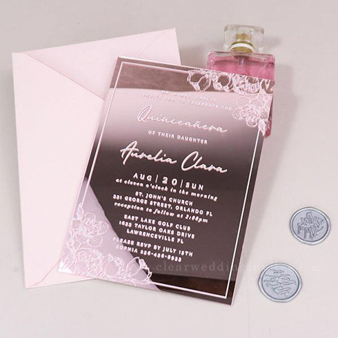 sakura white UV ink floral rose pink mirror quinceañera acrylic invitations CWIA239