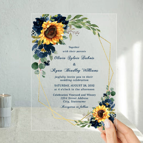 sunflower navy floral clear acrylic wedding Invitations CWIA122