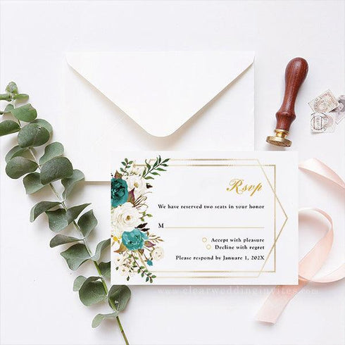 Teal blue and White Gold Framed Floral Acrylic Invitation CWIA219