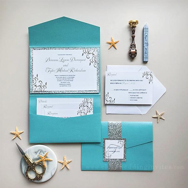 tiffany blue swirl pattern pocket wedding invitations with silver glitter liner CWIL41