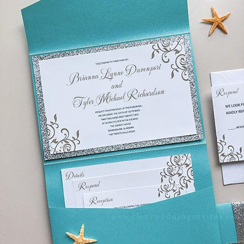 tiffany blue swirl pattern pocket wedding invitations with silver glitter liner CWIL41