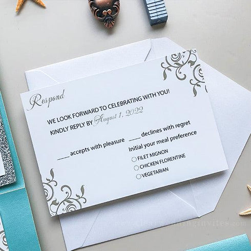 tiffany blue swirl pattern pocket wedding invitations with silver glitter liner CWIL41