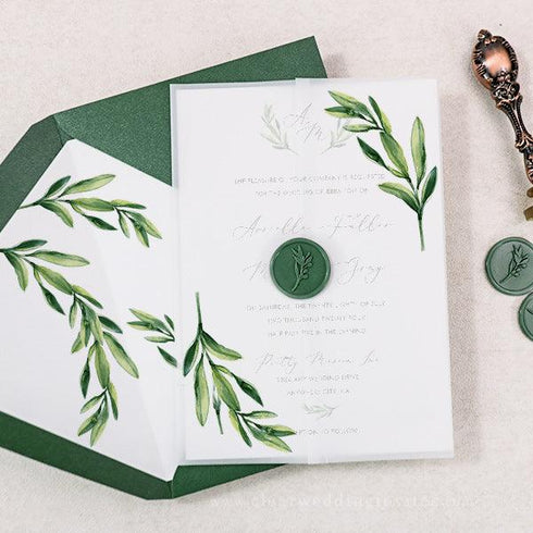 trending greenery olive branch wedding invitation with matching vellum jacket CWIV01